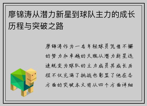 廖锦涛从潜力新星到球队主力的成长历程与突破之路