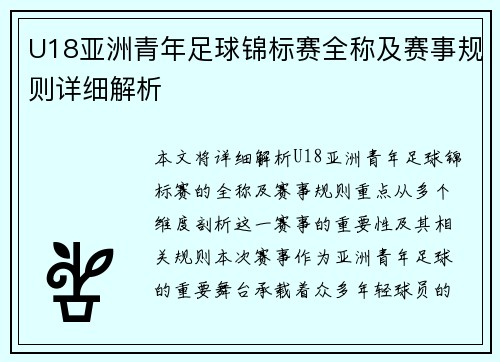 U18亚洲青年足球锦标赛全称及赛事规则详细解析